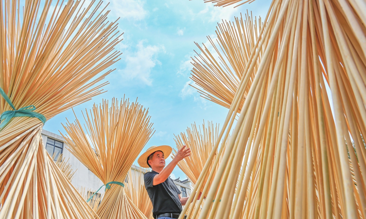 A worker dries bamboo threads at a bamboo processing enterprise in Yingshan county, Central China's Hubei Province, on June 18, 2025. In recent years, the county has leveraged its bamboo and wood resources to develop bamboo planting and bamboo deep processing industries. It has produced a series of bamboo products to replace plastic, which has increased farmers' income, contributing to rural revitalization.
Photo: VCG