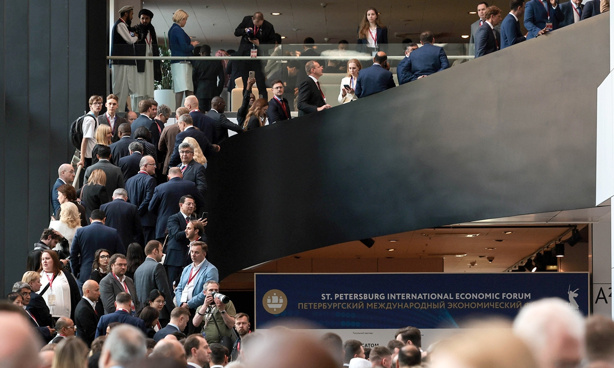 Participants attend the 28th St. Petersburg International Economic Forum at the Expoforum Convention and Exhibition Centre in St. Petersburg, Russia, on June 20, 2025. The forum, themed 