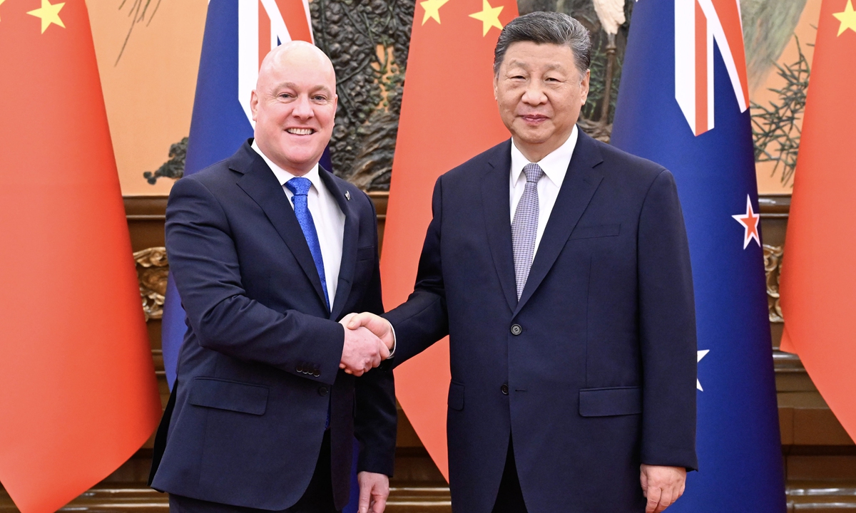 Chinese President Xi Jinping meets with New Zealand's Prime Minister Christopher Luxon at the Great Hall of the People in Beijing, June 20, 2025. Photo: Xinhua
