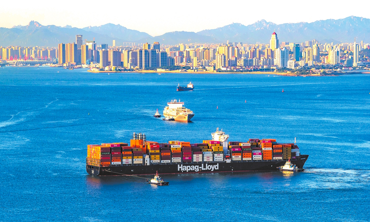 A container ship is seen at the Qingdao port in East China's Shandong Province on June 3, 2025. Photo: VCG