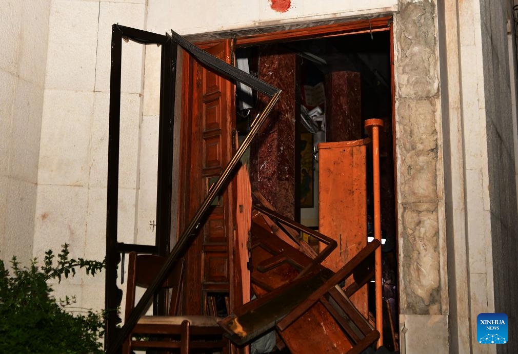 This photo taken on June 22, 2025, shows part of the Mar Elias Church damaged during a suicide bombing in the Dweilaa district on the outskirts of Damascus, Syria. A suicide bomber stormed a crowded church in the Syrian capital Damascus during Sunday mass, opening fire on worshippers before detonating his explosives, killing at least 19 people and injuring dozens more, security sources and a monitoring group said. (Photo: Xinhua)