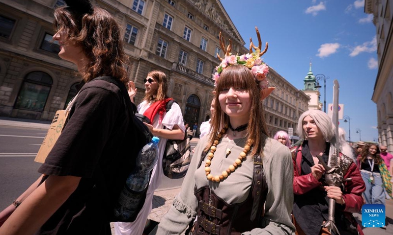 Cosplayers are pictured during the Warsaw Cosplay Walk event in the Old Town of Warsaw, Poland, June 21, 2025. (Photo: Xinhua)