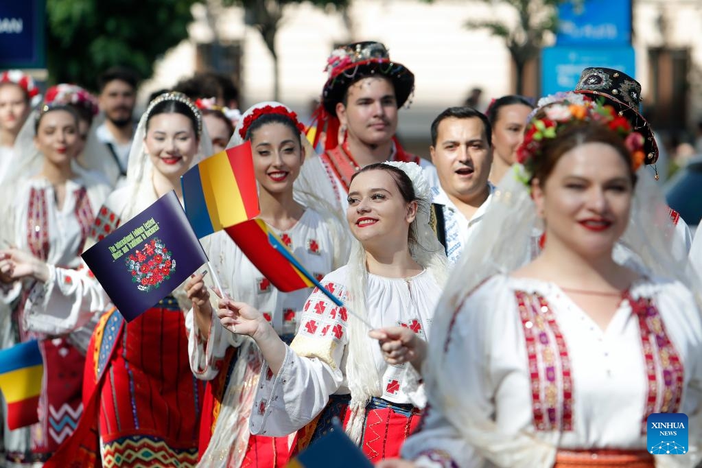 Members of a Romanian folklore band participate in the International Folklore Festival Music and Traditions in Bucharest in Bucharest, Romania, June 21, 2025. (Photo: Xinhua)