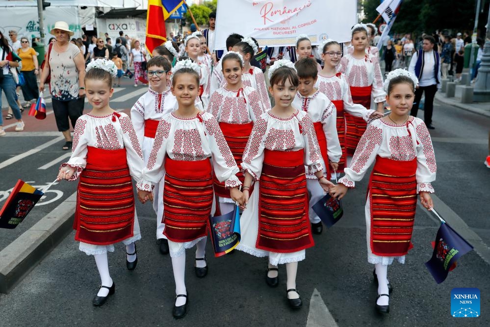 Members of a Romanian folklore band participate in the International Folklore Festival Music and Traditions in Bucharest in Bucharest, Romania, June 21, 2025. (Photo: Xinhua)