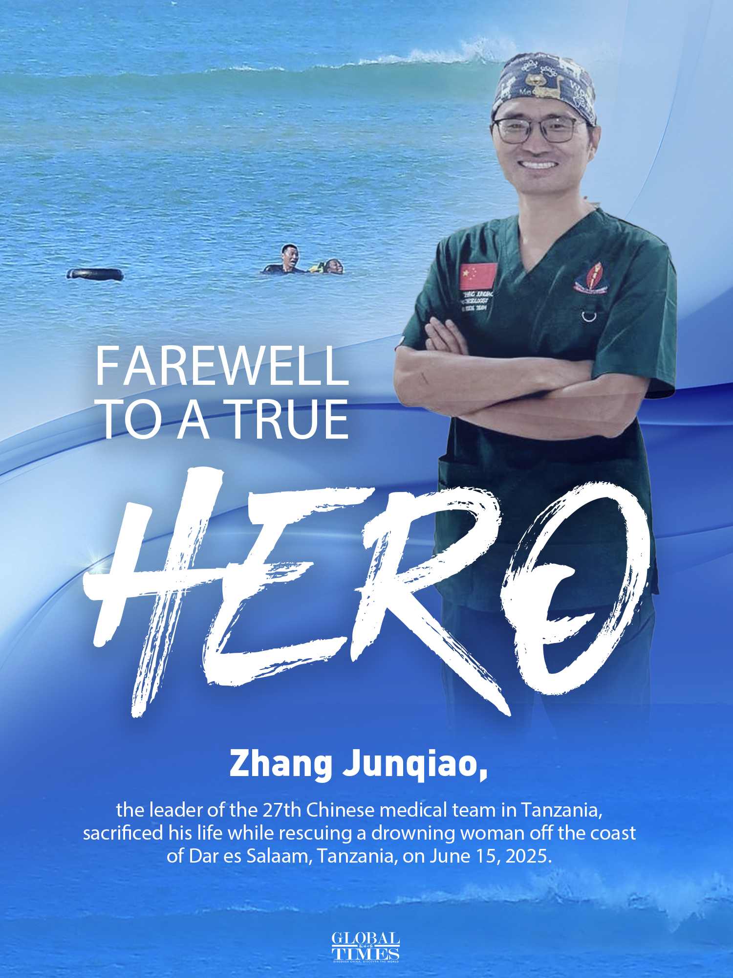 Remember Zhang Junqiao, the leader of the 27th Chinese medical team in Tanzania who sacrificed his life while saving a drowning woman. Farewell to a true hero! Graphic:GT