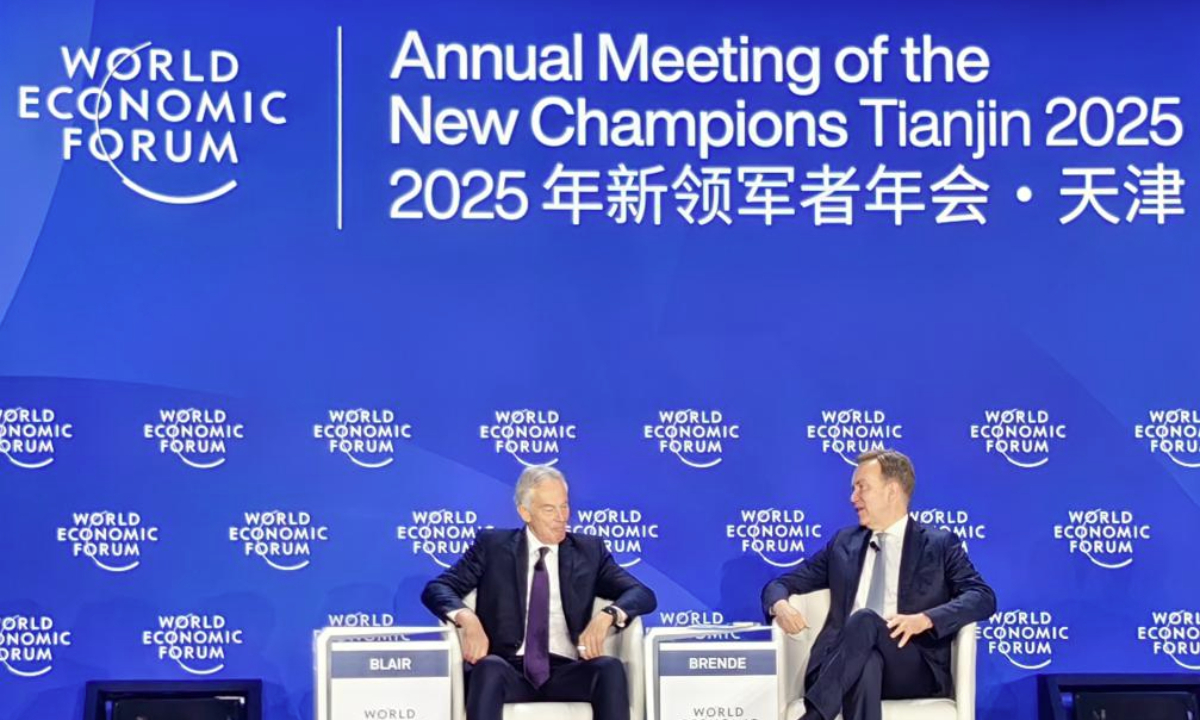 Former British Prime Minister Tony Blair attends the 2025 Summer Davos Forum in north China's Tianjin Municipality, June 24, 2025. (Xinhua/Li Kun)