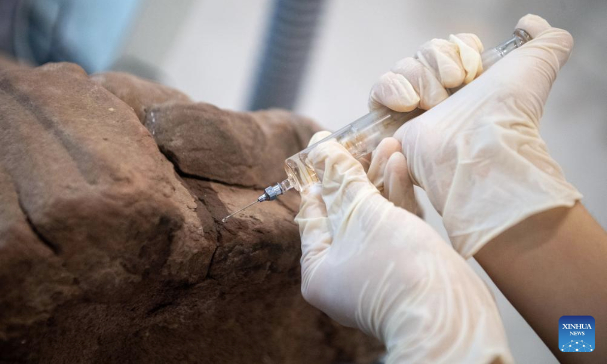 A staff member restores a rock-made relic at the Dazu Rock Carvings studio for relics restoration in southwest China's Chongqing Municipality, June 24, 2025. Dazu Rock Carvings, a UNESCO World Heritage Site in southwest China's Chongqing Municipality, is being injected with new vigor as various digital technologies are used for its protection and utilization.

Technologies of AI, cloud computing, and big data, among others, were also applied to create 8K dome theater movies, VR experiences and programs alike to better entertain the tourists. (Xinhua/Tang Yi)