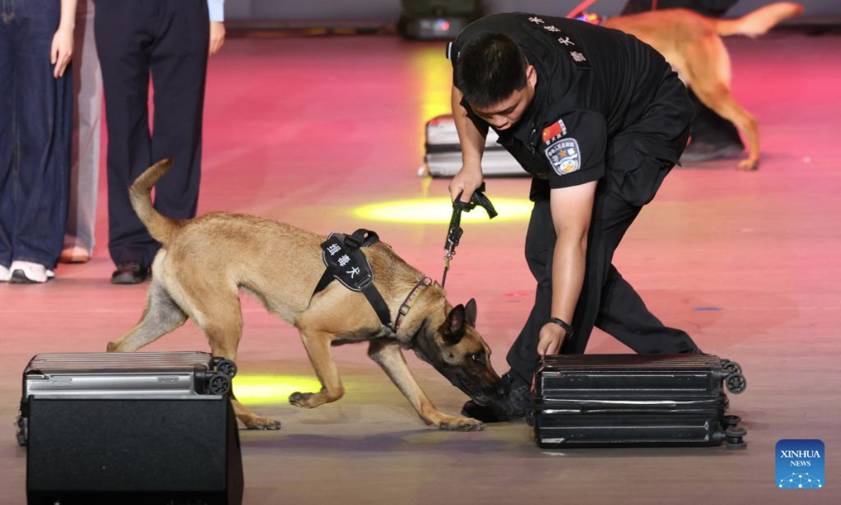 A police officer leads a sniffer dog to search narcotics during a presentation event at a university in Shijiazhuang, north China's Hebei Province, June 26, 2025. This year's June 26 marks the 38th International Day Against Drug Abuse and Illicit Trafficking. Publicity and education activities were held in many places in China to promote the anti-drug awareness. (Photo by Liang Zidong/Xinhua)