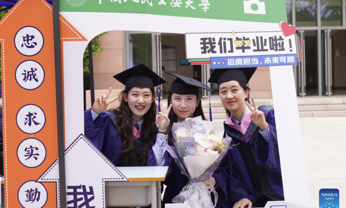 Graduates pose for a group photo after the graduation ceremony at People's Public Security University of China (PPSUC) in Beijing, capital of China, June 26, 2025. (Xinhua/Dai Mingxuan)