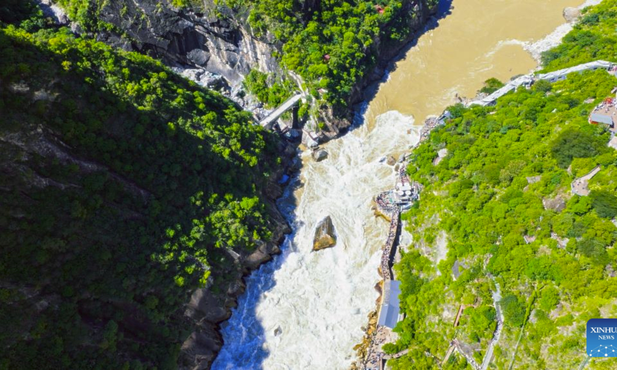 An aerial drone photo shows the Tiger Leaping Gorge in southwest China's Yunnan Province, June 26, 2025. (Xinhua/Pu Chao)