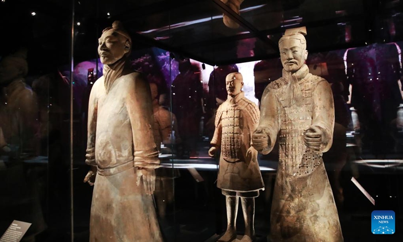 Exhibits are pictured during the media preview of the Terracotta Warriors: Legacy of the First Emperor exhibition at the Western Australian Museum Boola Bardip in Perth, Australia, June 25, 2025. The museum will host more than 225 artefacts from the dynasties of Qin (221-207 BC) and Han (202 BC-AD 220), including 10 Terracotta Warriors, for eight months starting from June 28. The exhibition has been created by the museum in collaboration with the Shaanxi Provincial Cultural Heritage Administration, Shaanxi Cultural Heritage Promotion Center and Emperor Qinshihuang's Mausoleum Site Museum. (Photo: Xinhua)