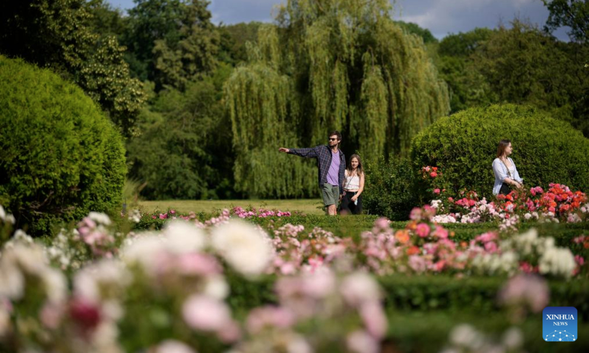 People visit a rosary of Skaryszewski Park in Warsaw, Poland on June 30, 2025. The rosary in the park has been brought back to its pre-war glory. Thanks to photos submitted by citizens, the city garden authority has been able to largely recreate the rose garden to its original 1920s state when there were some 5000 roses of around 80 varieties. (Photo by Jaap Arriens/Xinhua)