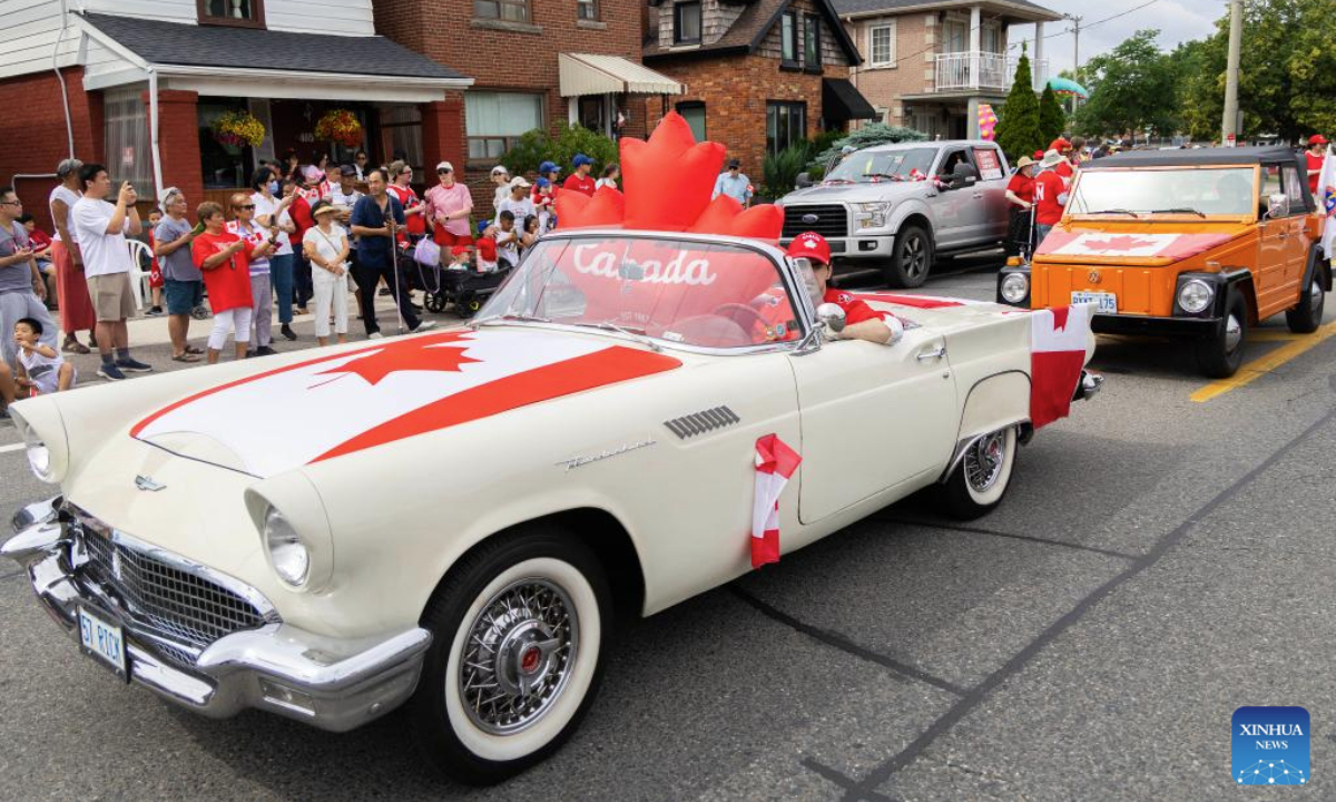 A vintage car is seen during the 2025 Canada Day Parade in Toronto, Canada, on July 1, 2025. (Photo by Zou Zheng/Xinhua)