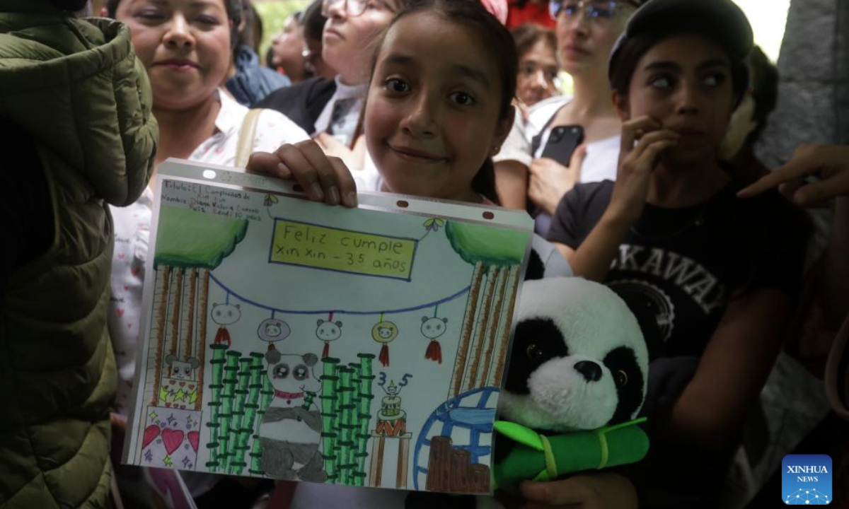 A child displays a panda-themed painting at Chapultepec Zoo in Mexico City, capital of Mexico, on June 29, 2025. The celebration for giant panda Xin Xin's 35th birthday was held here on Sunday. The festivities included a traditional lion dance, an exhibition of panda-themed artwork, and a birthday cake ceremony, which drew large crowds in a lively atmosphere.

In 1975, the Chinese government gifted two giant pandas, Ying Ying and Pe Pe, to the Mexican government. Their descendant, Xin Xin, was born in Mexico on July 1, 1990. (Photo by Francisco Canedo/Xinhua)