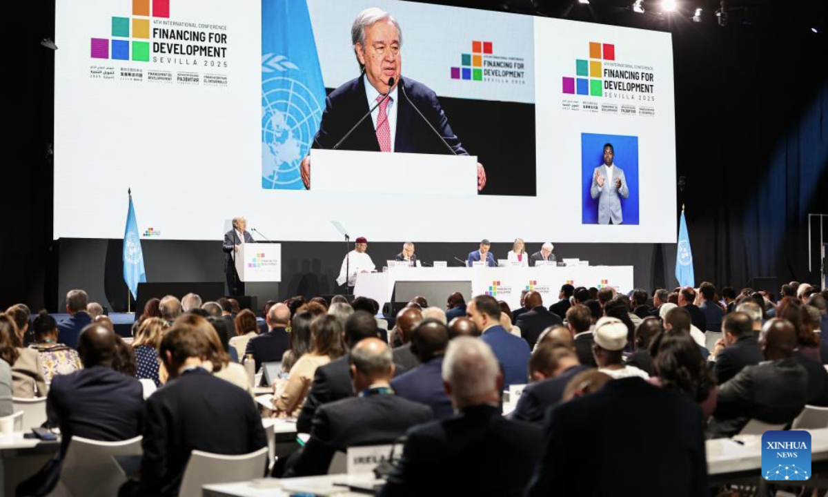 This photo taken on June 30, 2025 shows a view of the opening session of the fourth International Conference on Financing for Development in Seville, Spain. The fourth International Conference on Financing for Development, focusing on global development financing issues, took place from Monday and will continue through Thursday, with participation from representatives of governments, international organizations, financial institutions, business communities, among others. (Xinhua/Li Jing)