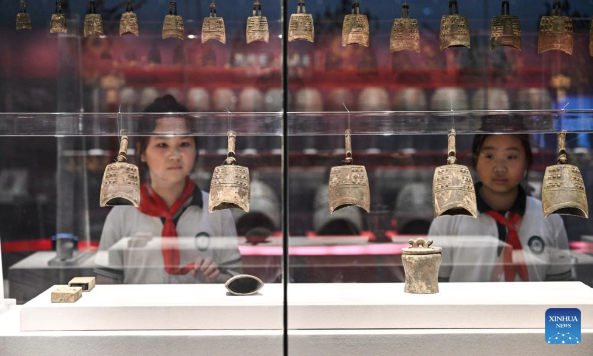 Students visit a museum featuring Han Dynasty (202 BC-220 AD) tombs to spend their summer time in Xuyi, east China's Jiangsu Province, July 2, 2025. The museum of Han king's mausoleum at Dayun Mountain in Xuyi stages several featured exhibitions in this summer holiday to attract people to visit and learn about history knowledge. (Xinhua/Ji Chunpeng)