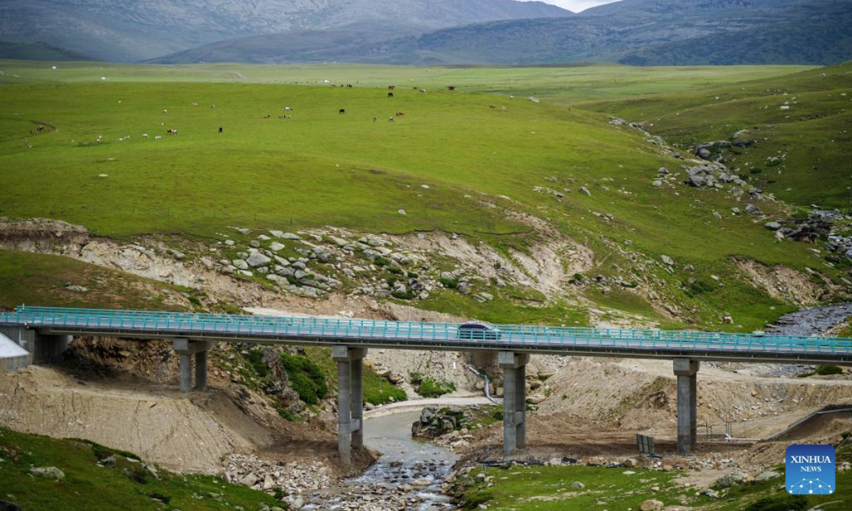 A car runs on the Altay-Hemu highway in northwest China's Xinjiang Uygur Autonomous Region, June 30, 2025. The 209.45-kilometer-long highway linking Altay City and Hemu Village opened officially on Monday, connecting a number of tourist destinations. (Xinhua/Xu Hongyan)