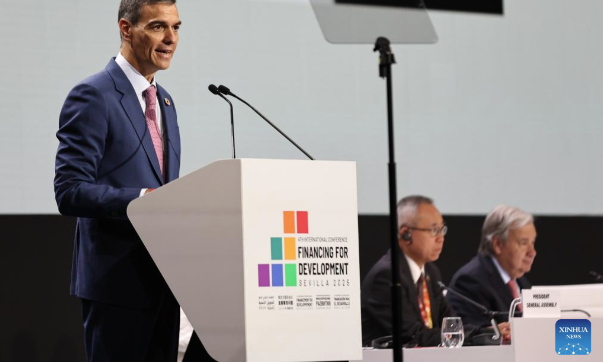 Spanish Prime Minister Pedro Sanchez speaks during the opening session of the fourth International Conference on Financing for Development in Seville, Spain, June 30, 2025. The fourth International Conference on Financing for Development, focusing on global development financing issues, took place from Monday and will continue through Thursday, with participation from representatives of governments, international organizations, financial institutions, business communities, among others. (Xinhua/Li Jing)