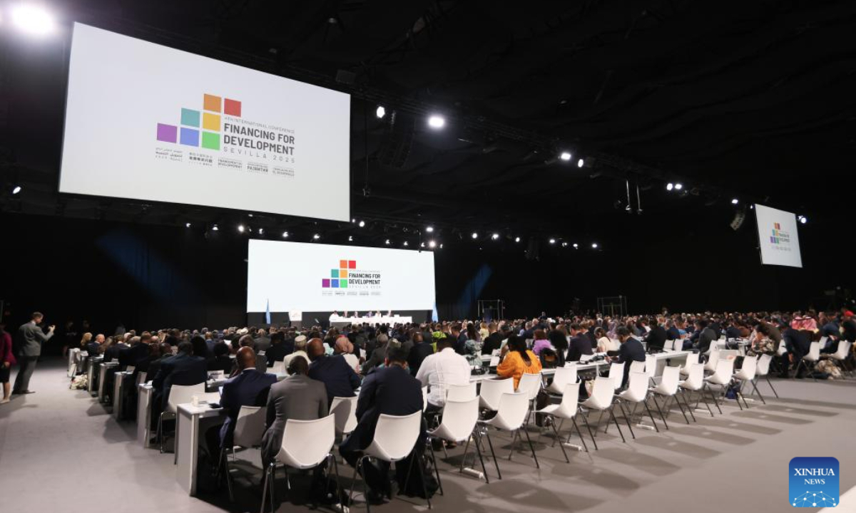 This photo taken on June 30, 2025 shows a view of the opening session of the fourth International Conference on Financing for Development in Seville, Spain. The fourth International Conference on Financing for Development, focusing on global development financing issues, took place from Monday and will continue through Thursday, with participation from representatives of governments, international organizations, financial institutions, business communities, among others. (Xinhua/Li Jing)