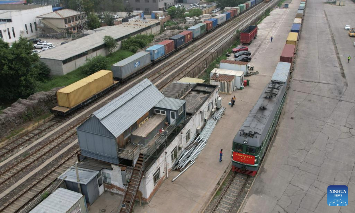 An aerial drone photo shows a China-Europe freight train waiting for departure at Beijing International Land Port in Fangshan District of Beijing, capital of China, June 30, 2025.
A new China-Europe freight train route linking Beijing to Baku of Azerbaijan was launched Monday. Riding on the rail-sea-rail multimodal transport, the payload is scheduled to get across the Caspian Sea by ship, and arrive in Baku in 15 days. (Xinhua/Zhang Chenlin)