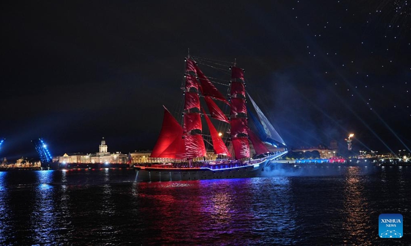 A ship with scarlet sails is seen on the Neva River in celebration of the Scarlet Sails festival in St. Petersburg, Russia, June 29, 2025. St. Petersburg celebrated the Scarlet Sails festival over the weekend while commemorating school graduation for students. (Photo: Xinhua)