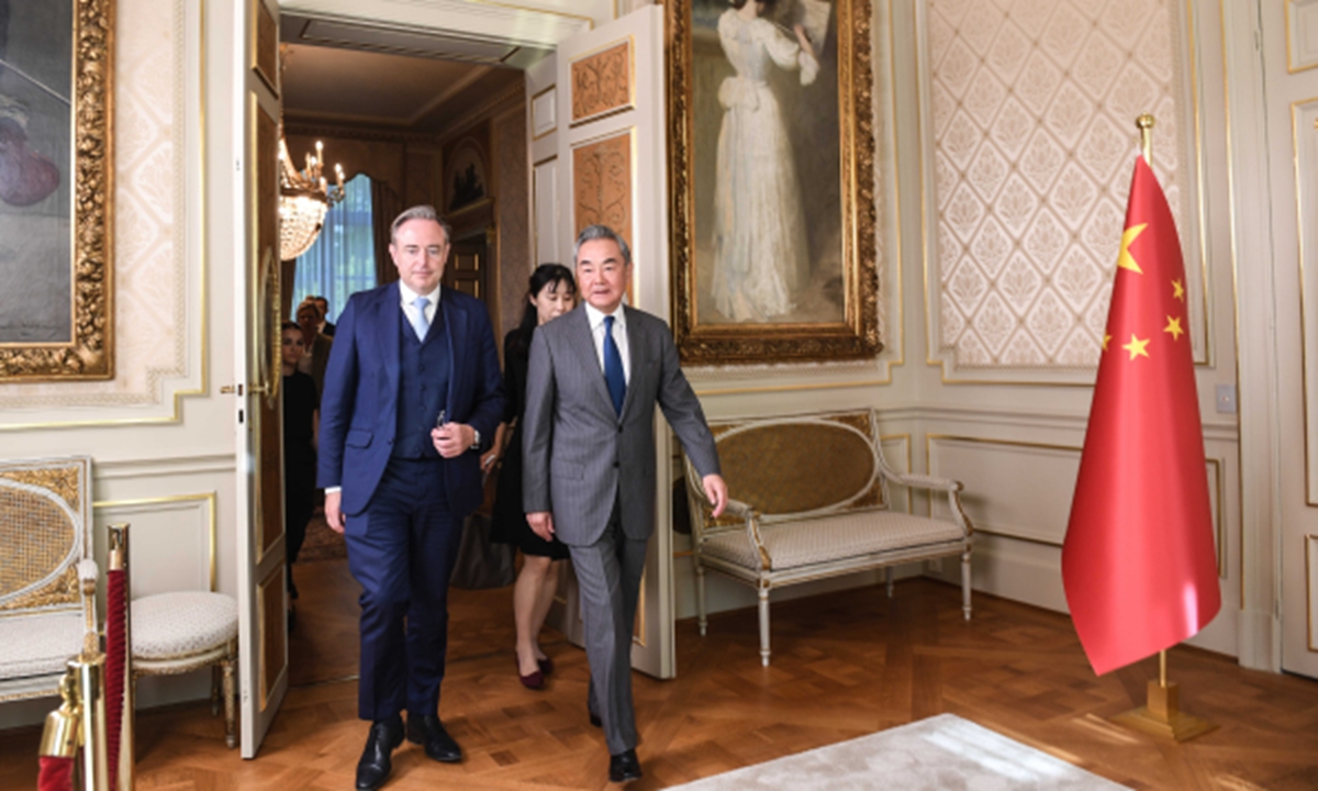 Belgium's Prime Minister Bart de Wever (left) meets with Chinese Foreign Minister Wang Yi in Brussels on July 1, 2025. Photo: Chinese Foreign Ministry   