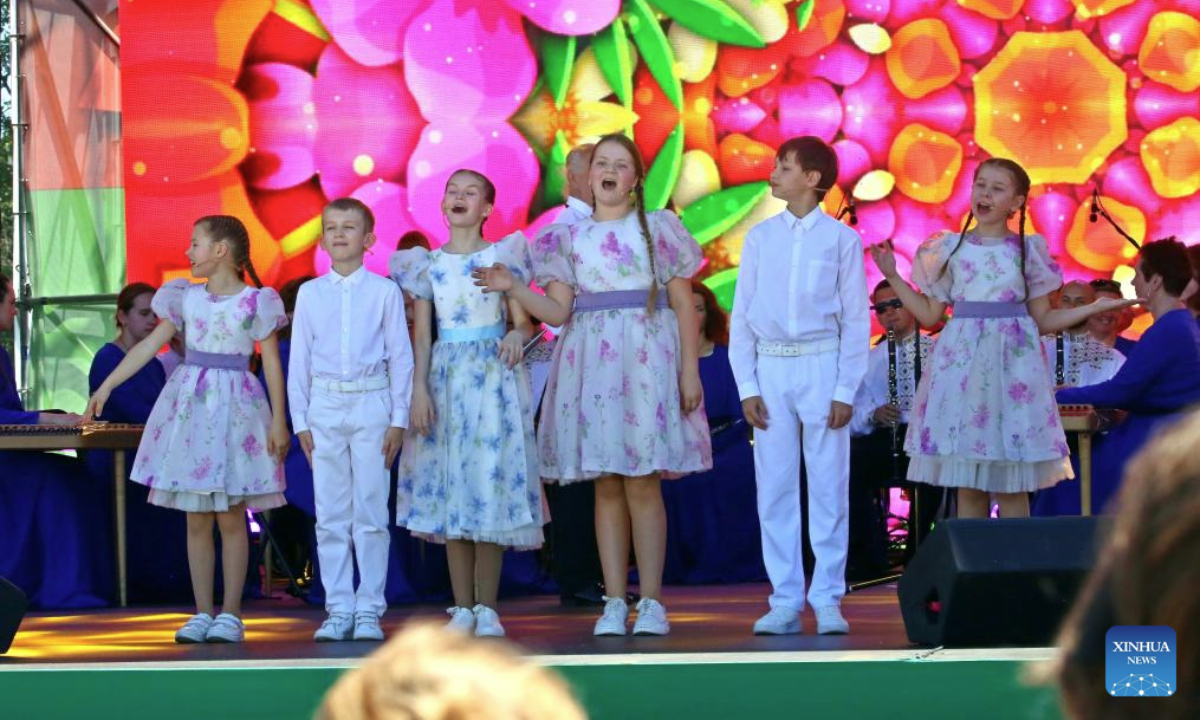 A children's choir performs to mark Belarus Independence Day in Minsk, Belarus, on July 3, 2025. Belarus celebrated its most important national holiday on Thursday, commemorating a significant historical moment of liberation during World War II. (Photo by Henadz Zhinkov/Xinhua)