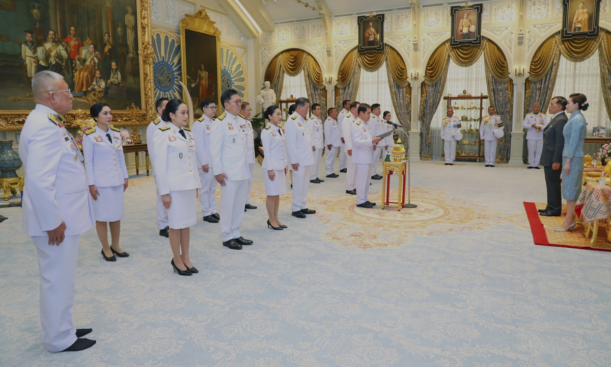 In this photo released by the Bureau of the Royal Household, Thailand's caretaker prime minister Suriya Jungrungreangkit and cabinet members meet with His Majesty the King at the Amphorn Sathan Throne Hall in Bangkok on July 3, 2025. On the day, Thai Deputy Prime Minister and Interior Minister Phumtham Wechayachai was assigned Acting Prime Minister, replacing Suriya Juangroongruangkit. Photo: VCG