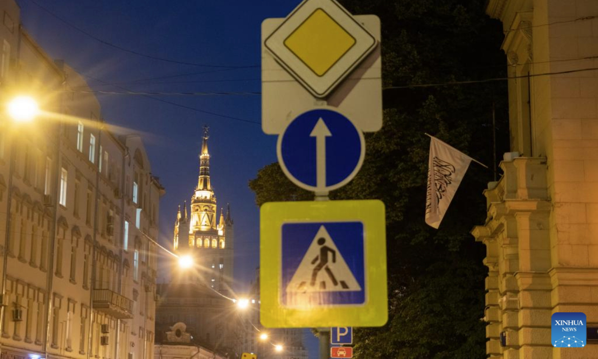 This photo taken on July 3, 2025 shows a view of the Afghan embassy (R) in Moscow, Russia. Russia has officially recognized the Afghan interim government, the Ministry of Foreign Affairs of Afghanistan said in a statement late Thursday. Russia's RIA Novosti news agency also quoted Russian Special Presidential Envoy for Afghanistan Zamir Kabulov as saying that Russia has officially recognized the Taliban government in Afghanistan. (Xinhua/Meng Jing)