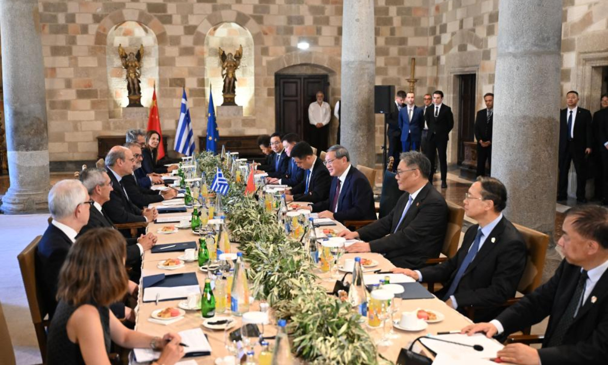 Chinese Premier Li Qiang meets with Greek Deputy Prime Minister Kostis Hatzidakis on the island of Rhodes, Greece, July 4, 2025. (Xinhua/Li Xiang)