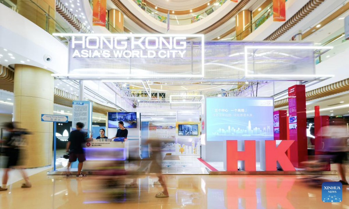 This photo taken on July 28, 2025 shows a Hong Kong-themed exhibition in Urumqi, northwest China's Xinjiang Uygur Autonomous Region. The exhibition kicked off here on Monday. (Xinhua/Xu Hongyan)