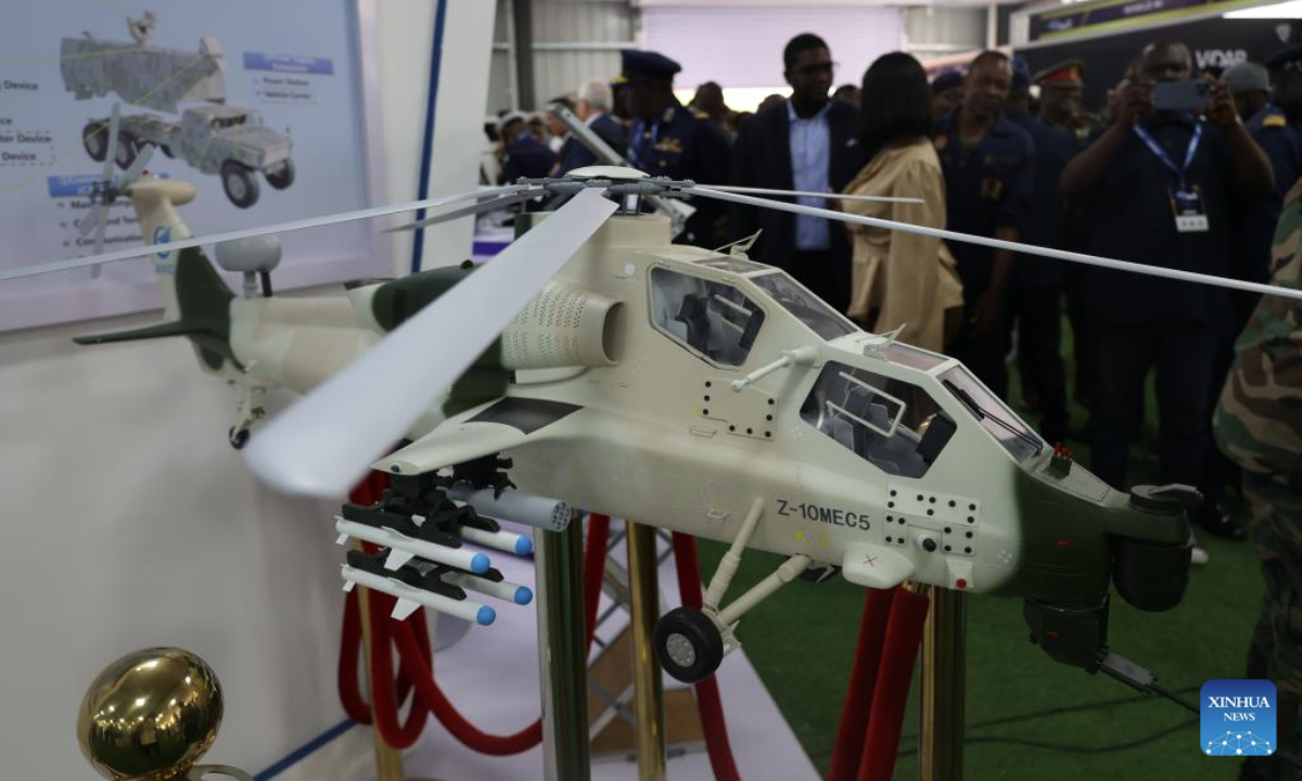 A model of helicopter is seen during the 4th Annual International Maritime Defense Exhibition and Conference (IMDEC) in Accra, Ghana, on July 8, 2025. The IMDEC 2025, hosted under the patronage of the Ghana Navy, plays a critical role in augmenting maritime defense initiatives in the Gulf of Guinea and across the African continent. (Photo by Seth/Xinhua)