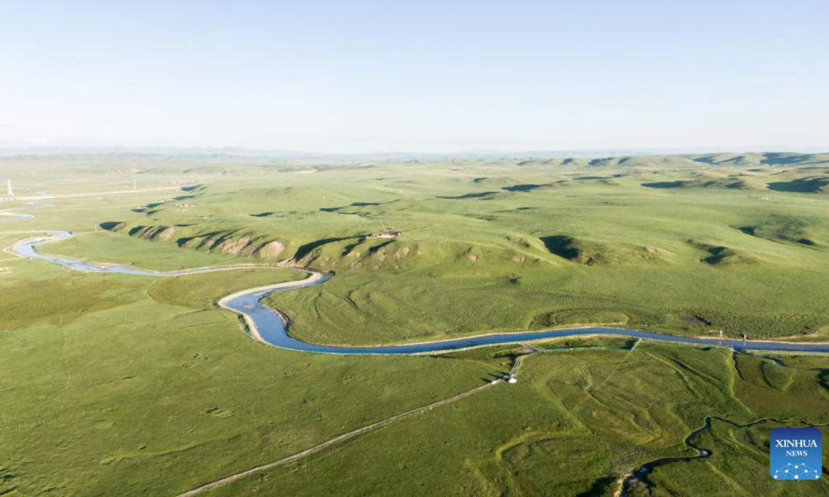 An aerial drone photo taken on July 30, 2025 shows the scenery on a grassland in Zeku County, Huangnan Tibetan Autonomous Prefecture, northwest China's Qinghai Province. (Xinhua/Wang Yan)