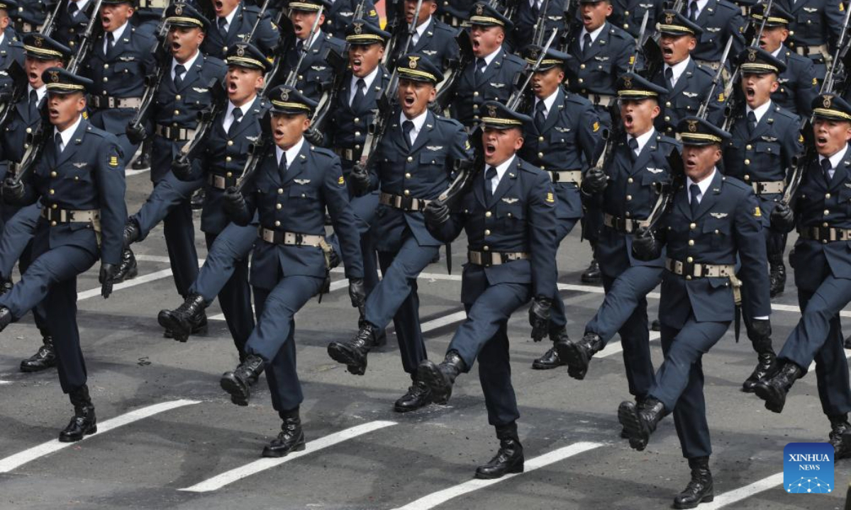 Soldiers participate in a parade to commemorate the 204th anniversary of Peru's independence in Lima, Peru, on July 29, 2025. (Photo by Mariana Bazo/Xinhua)