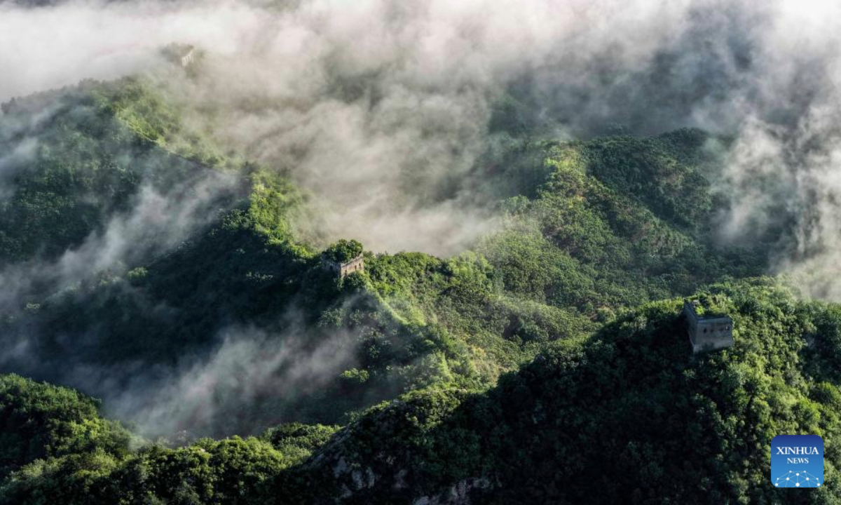 An aerial drone photo taken on July 21, 2025 shows a view of the Yumuling section of the Great Wall in Qianxi County, north China's Hebei Province. (Photo by Liu Mancang/Xinhua)