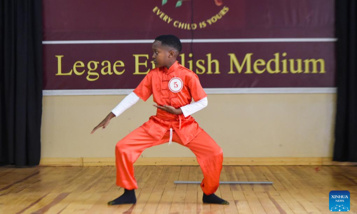 A student performs during a Chinese talent show at the Legae English Medium School in Gaborone, the capital of Botswana, July 28, 2025. A Chinese talent show was held here on Monday to provide students with a platform to explore Chinese culture and deepen cross-cultural understanding through diverse performances. (Photo by Tshekiso Tebalo/Xinhua)