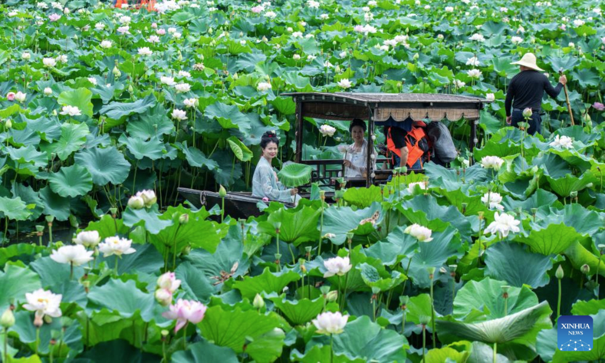 Visitors take a boat ride among lotus flowers at Qingshan Park in Loudi City, central China's Hunan Province, July 12, 2025. High temperature during the summer vacation has triggered new vitality of cooling economy across the country. (Photo by Wu Yonghua/Xinhua)