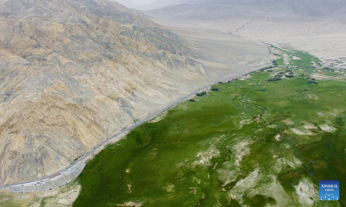 An aerial drone photo taken on July 24, 2025 shows a section of the Karakoram Highway in Taxkorgan Tajik Autonomous County, northwest China's Xinjiang Uygur Autonomous Region. Karakoram Highway, also called the China-Pakistan Friendship Highway, is one of the highest paved roads in the world. (Xinhua/Zhang Keren)