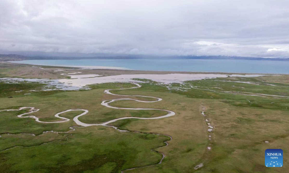 This aerial drone photo taken on July 22, 2025 shows the scenery of a wetland near Mapam Yumco Lake in Burang County of Ngari Prefecture, southwest China's Xizang Autonomous Region. (Xinhua/Tenzing Nima Qadhup)
