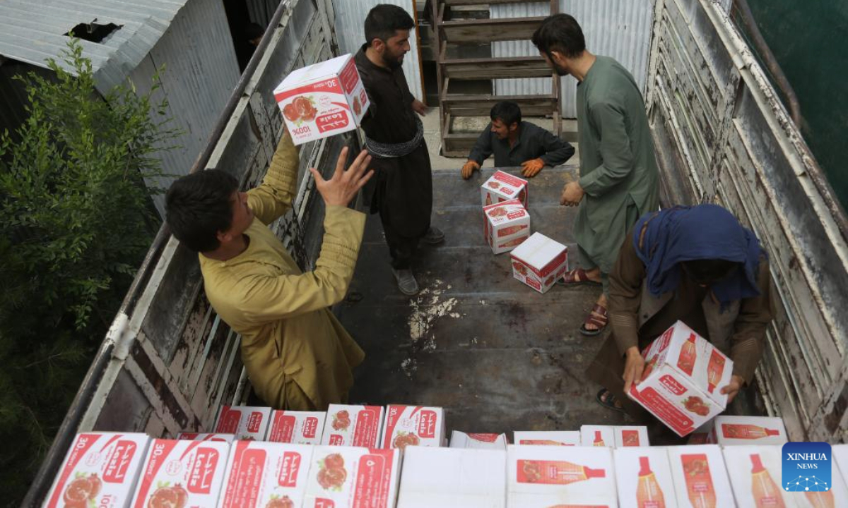 Workers load expired and low-quality food items in Kabul, the capital of Afghanistan, July 15, 2025. Afghan authorities collected and destroyed 65 tons of expired and low-quality food items in the capital Kabul on Tuesday, officials from the Ministry of Public Health said. (Photo by Saifurahman Safi/Xinhua)