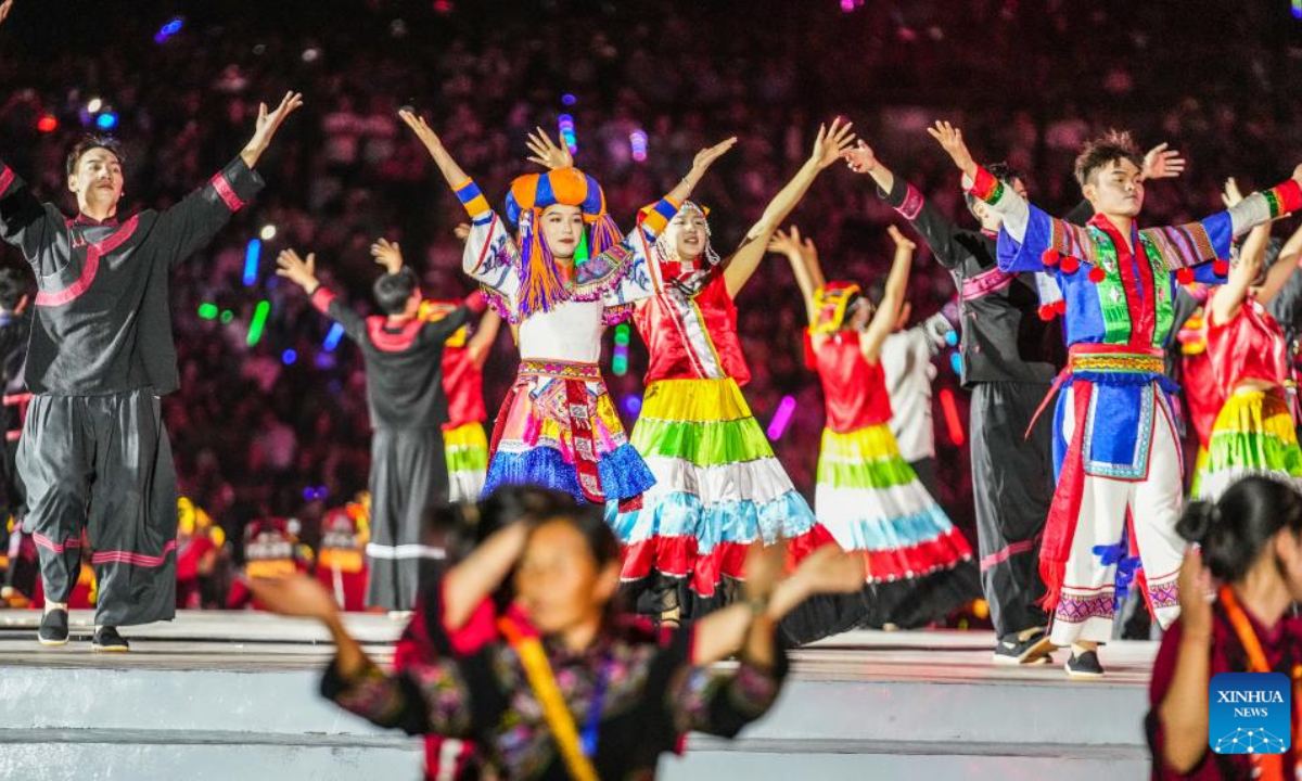 Artists perform at the celebration for the Torch Festival of Yi ethnic group held in Shuicheng District of Liupanshui, southwest China's Guizhou Province, July 18, 2025. Celebrations for the Torch Festival of Yi ethnic group kicked off on Friday at a tourist resort in Shuicheng District of Liupanshui, attracting tourists from across the country. A series of related activities will also take place here on or before Aug. 17. (Xinhua/Tao Liang)