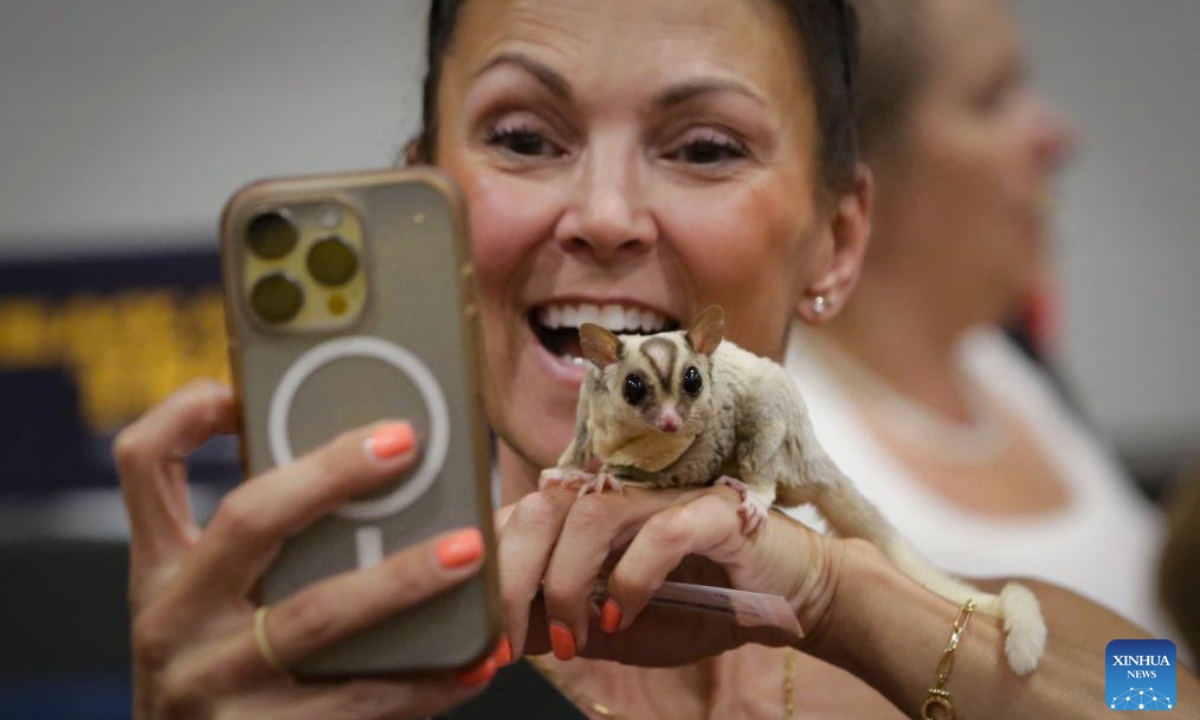 A woman takes photos with a sugar glider during the Wildlife Festival in Abbotsford, British Columbia, Canada, July 11, 2025. The three-day event kicked off Friday, showcasing exotic species from around the world. (Photo by Liang Sen/Xinhua)