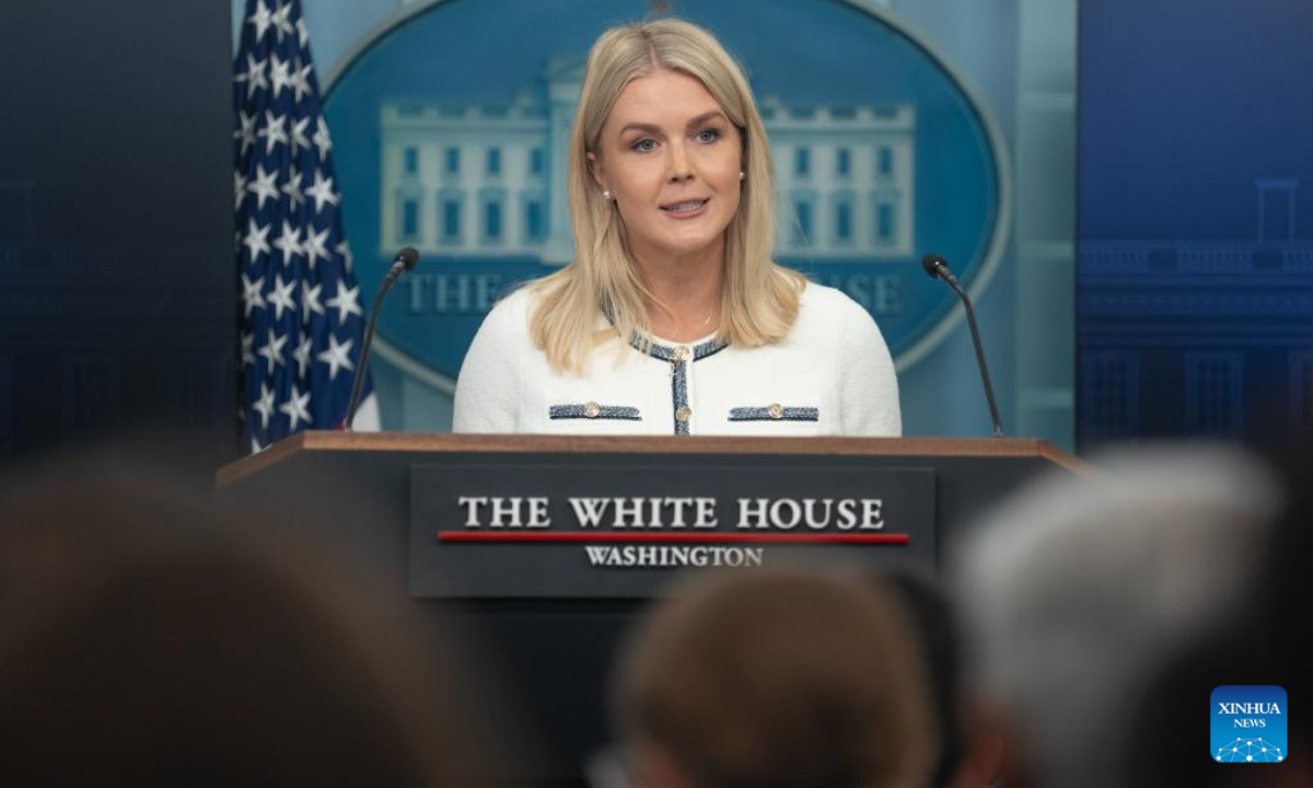 White House Press Secretary Karoline Leavitt speaks during a press briefing at the White House in Washington, D.C., the United States, on July 17, 2025. U.S. President Donald Trump has been diagnosed with a common and benign vein condition after experiencing swelling in his lower legs, White House Press Secretary Karoline Leavitt announced on Thursday. (Xinhua/Hu Yousong)