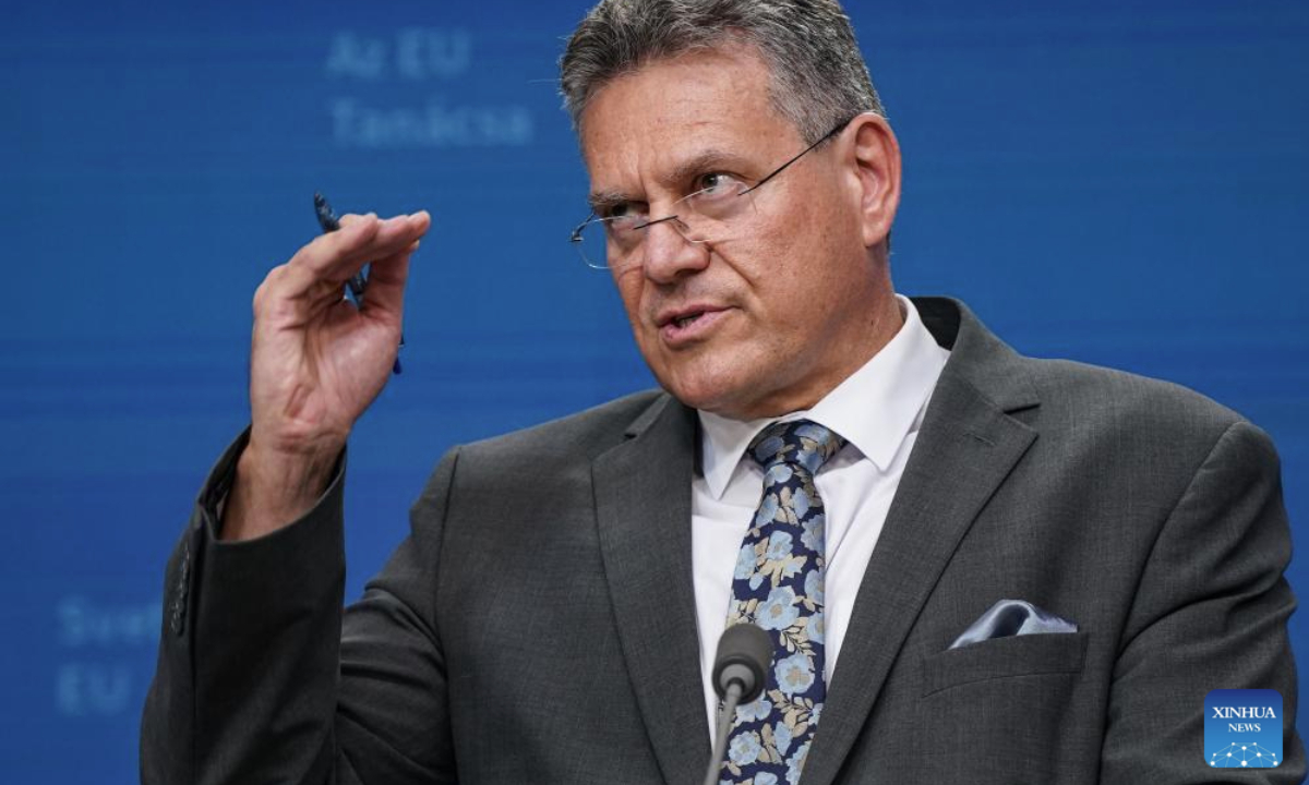 EU trade chief Maros Sefcovic attends a joint press conference in Brussels, Belgium, July 14, 2025. Danish Foreign Minister Lars Lokke Rasmussen condemned the Trump administration's threat to impose 30 percent tariffs on European Union (EU) exports as absolutely unacceptable during a joint press conference with EU trade chief Maros Sefcovic here on Monday. Sefcovic noted that the 27-country bloc is preparing potential countermeasures worth 72 billion euros (84 billion U.S. dollars). (Xinhua/Peng Ziyang)