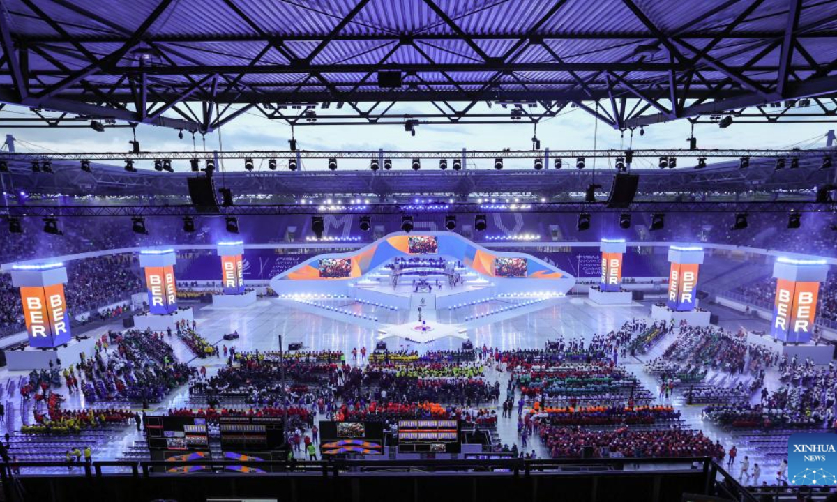 Photo taken on July 16, 2025 shows the opening ceremony of the Rhine-Ruhr 2025 FISU World University Games in Duisburg, Germany. (Xinhua/Zhang Fan)