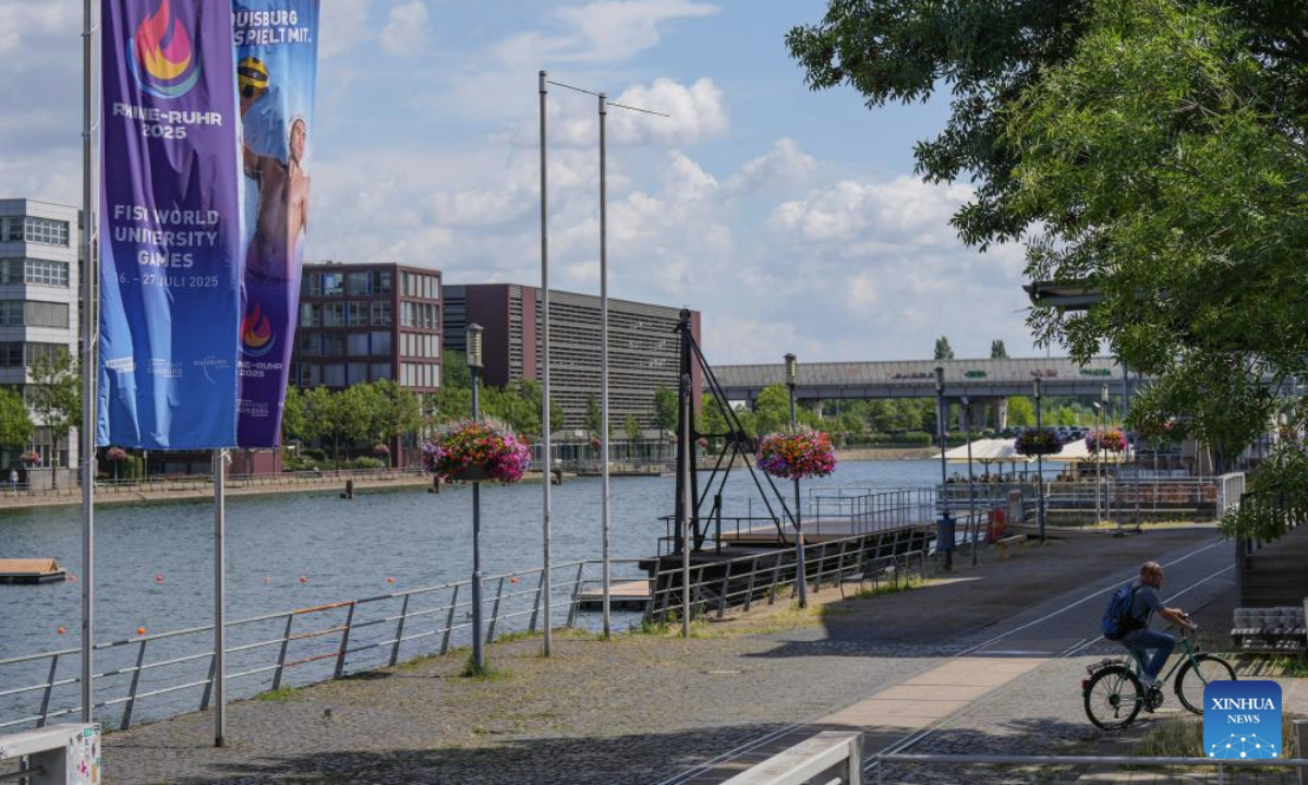Photo taken on July 15, 2025 shows themed installation at inner port of Duisburg for the Rhine-Ruhr 2025 FISU World University Games, in Duisburg, Germany. (Xinhua/Wang Xi)
