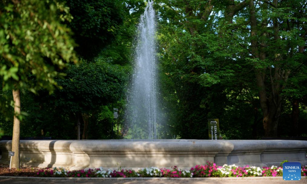 A fountain is seen gushing at the botanic garden of University of Warsaw in Warsaw, Poland on July 16, 2025. (Photo by Jaap Arriens/Xinhua)