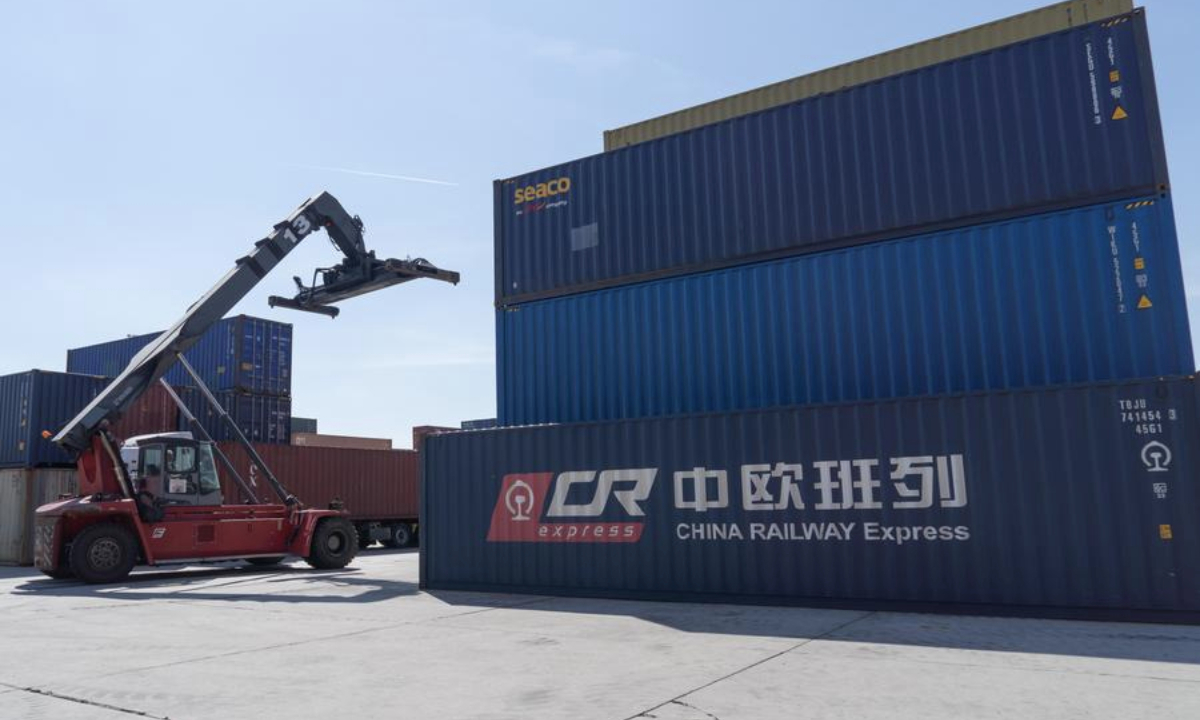 A container of China Railway Express is seen at the Csepel Freeport Logistics Park in Budapest, Hungary on April 12, 2022. (Photo by Attila Volgyi/Xinhua)