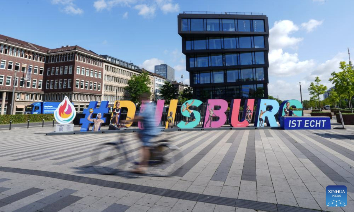 Photo taken on July 15, 2025 shows themed installation at Duisburg Central Station for the Rhine-Ruhr 2025 FISU World University Games, in Duisburg, Germany. (Xinhua/Wang Xi)