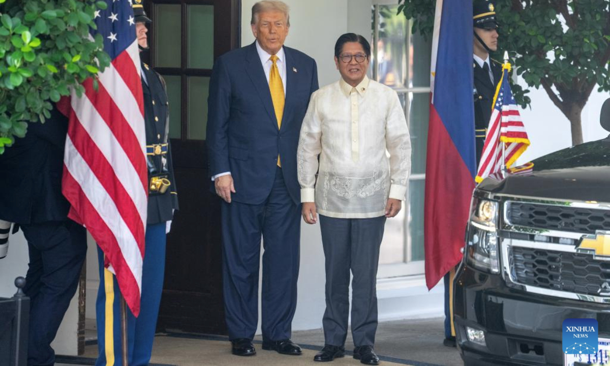 U.S. President Donald Trump (2nd L) welcomes Philippine President Ferdinand Romualdez Marcos Jr. (2nd R) at the White House in Washington, D.C., the United States, on July 22, 2025. (Xinhua/Hu Yousong)